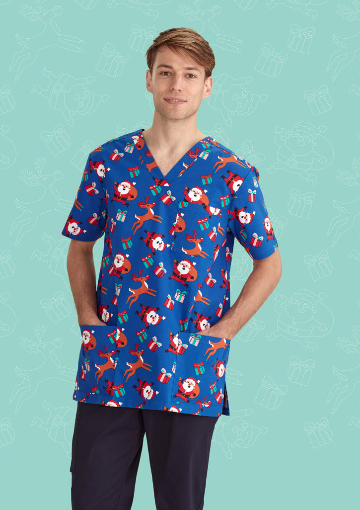 BIZ CARE Mens Christmas V-Neck Short Sleeve Scrub Top CST346MS