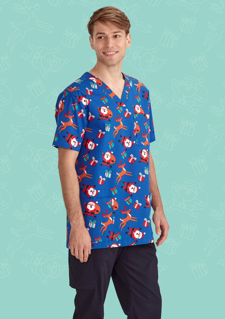 BIZ CARE Mens Christmas V-Neck Short Sleeve Scrub Top CST346MS