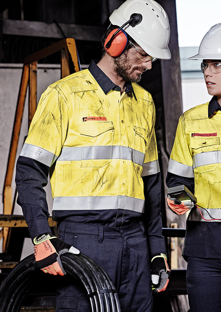 SYZMIK Mens Orange Flame Hi Vis Open Front Spliced Shirt - Hoop Taped ZW140