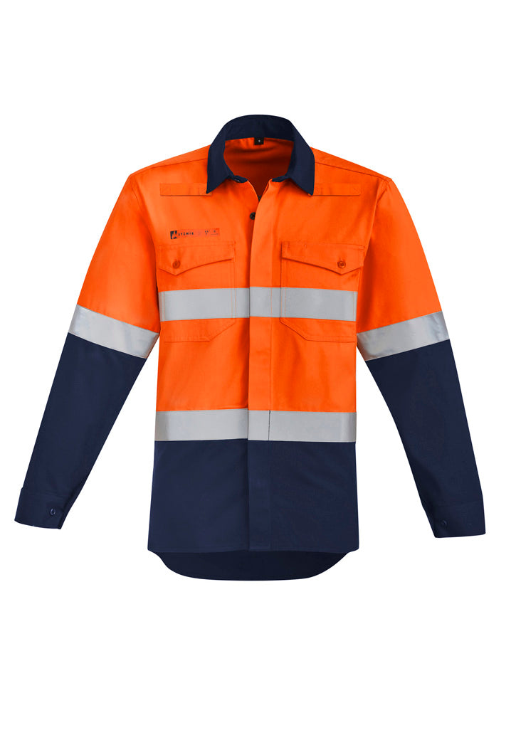 SYZMIK Mens Orange Flame Hi Vis Open Front Spliced Shirt - Hoop Taped ZW140