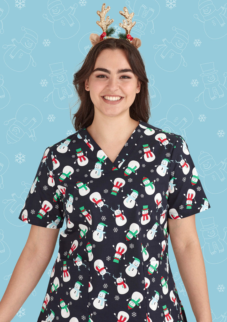 BIZ CARE Womens Christmas V-Neck Short Sleeve Scrub Top CST346LS