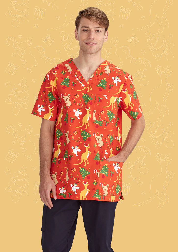 BIZ CARE Mens Christmas V-Neck Short Sleeve Scrub Top CST346MS
