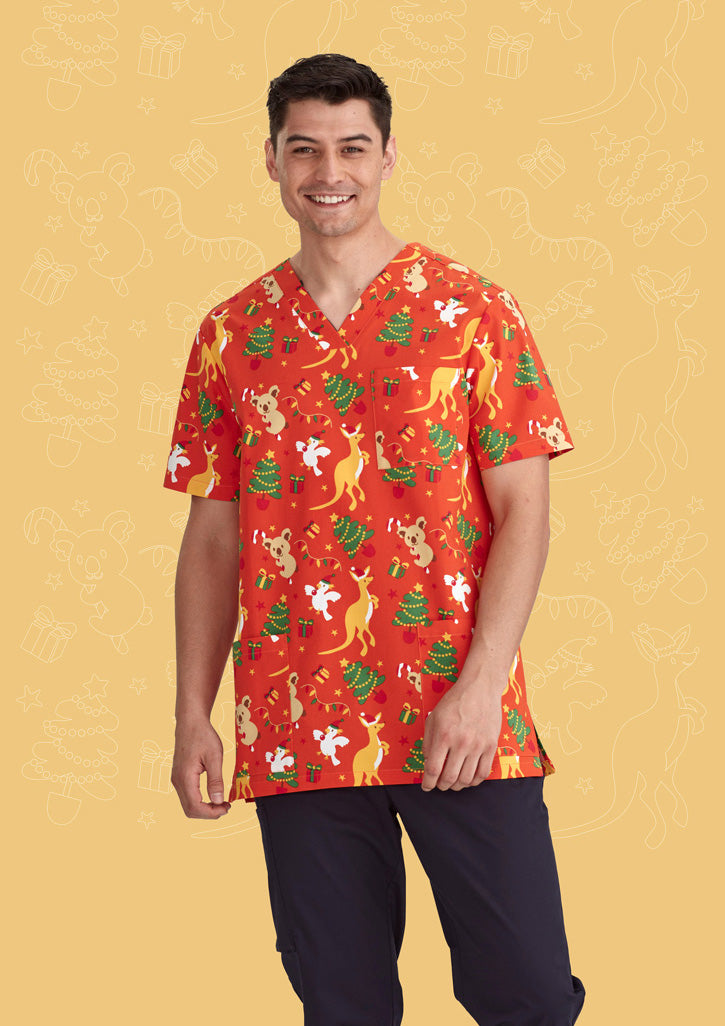 BIZ CARE Mens Christmas V-Neck Short Sleeve Scrub Top CST346MS