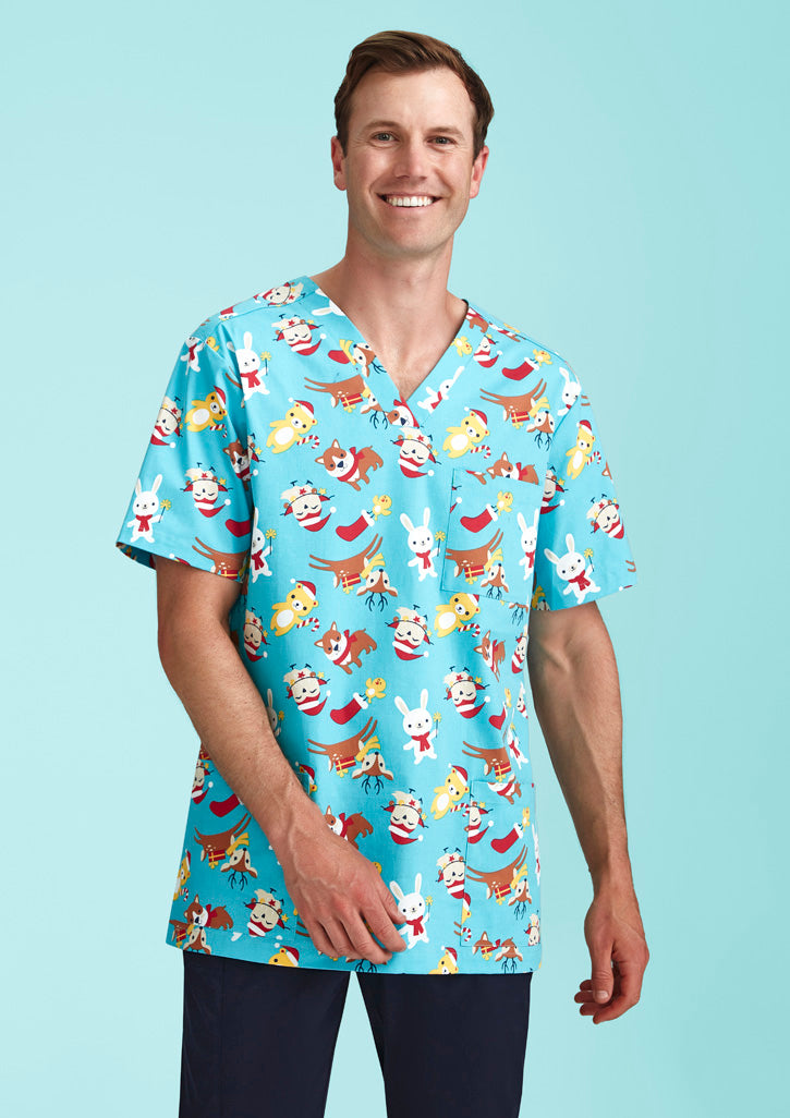 BIZ CARE Mens Christmas Short Sleeve V-neck Scrub CST446MS